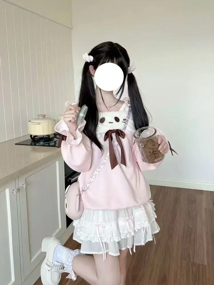 اليابانية Kawaii طويلة الأكمام الوردي هوديي المرأة الخريف الحلو القوس التطريز قبالة الكتف القمم تصميم دافئ جميل المرقعة معطف