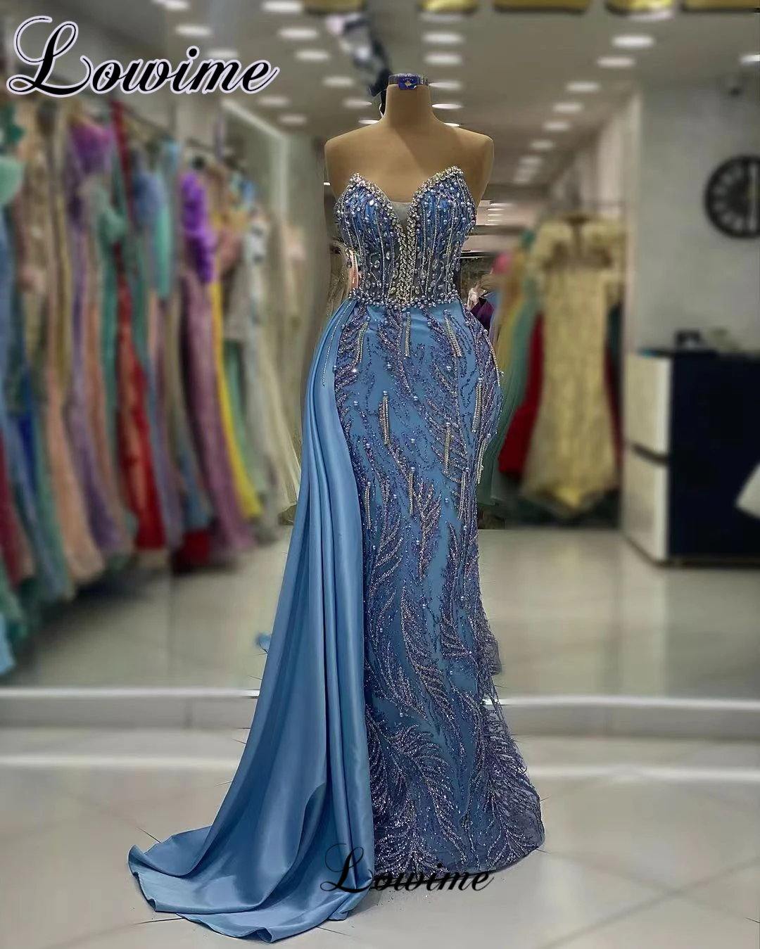 Blue Crystals Cocktail Dresses With Pearls Sweetheart Mermaid Prom Dresses For Women Vestidos De Cóctel Wedding Party Dresses