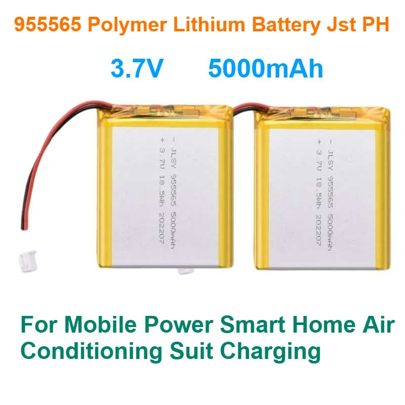 3.7V 5000mAh 955565 2pin Plug for Mobile Power Smart Home Air Conditioning Suit Charging Polymer Lithium Battery  Jst PH 2.0mm