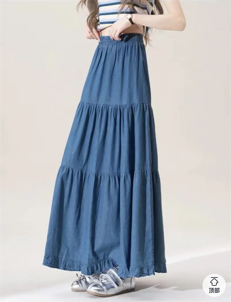 Falda Larga de Mezclilla Azul para Mujer, Cintura Alta, Estilo Línea A, Casual, Sólida, Holgada, Elegante, para Fiesta u Oficina, Primavera/Verano