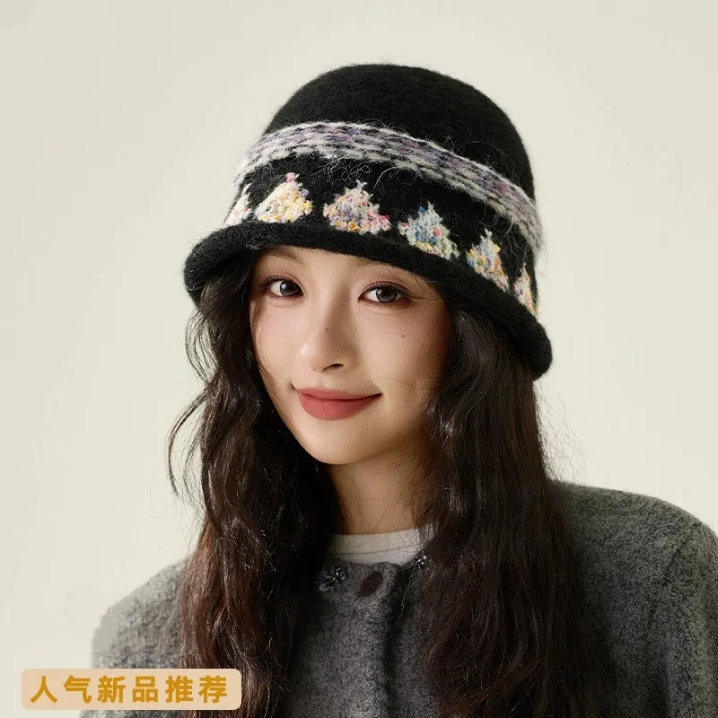 Korean Fisherman Hat for Women Autumn/Winter Retro Colorful Jacquard Knitted Niche High‑end Warm Bucket Hats