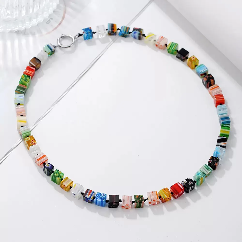 1PCS Square Hand Woven Murano Thousand Flower Glass Bead Necklace For Women Fashion Matching Clothes Short DIY Handmade Necklace