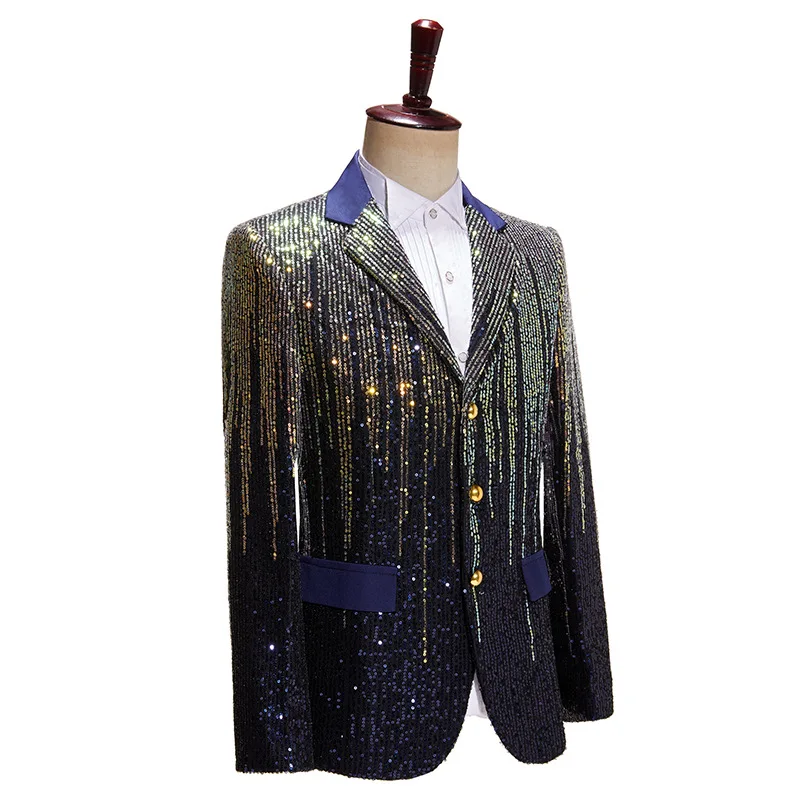 Men's Colorful Meteor Gradient Sequins Suit Three Button Single Western Host Bar Shiny Show Suit Coat Trend