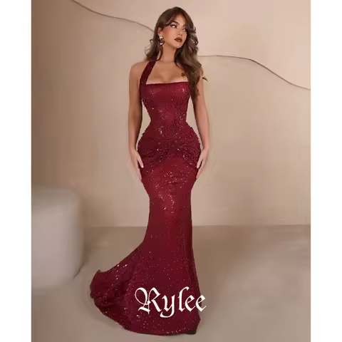 Rylee Customized Glitter Pleat Sequined Luxury Evening Dress Collection Halter Mermaid Long Dresses Bespoke Occasion Wedding