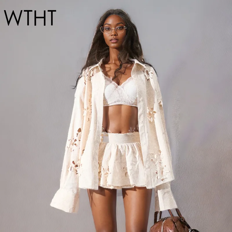 

WTHT модная новая женская свободная рубашка с цветочным принтом и длинными рукавами, эластичные мини-юбки с высокой талией, женские летние 2021, 1LS2115