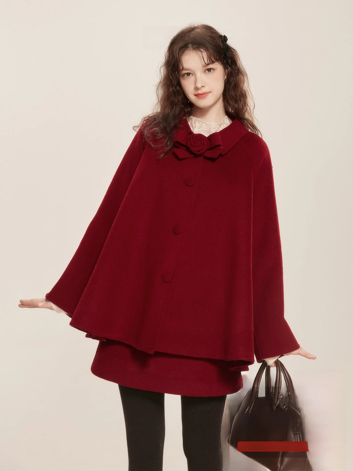 

Red New Year Double-Faced Woolen Coat And Skirt Set Women's CMLT Commute Sle Woolen Outerwear Long Sve Single Button
