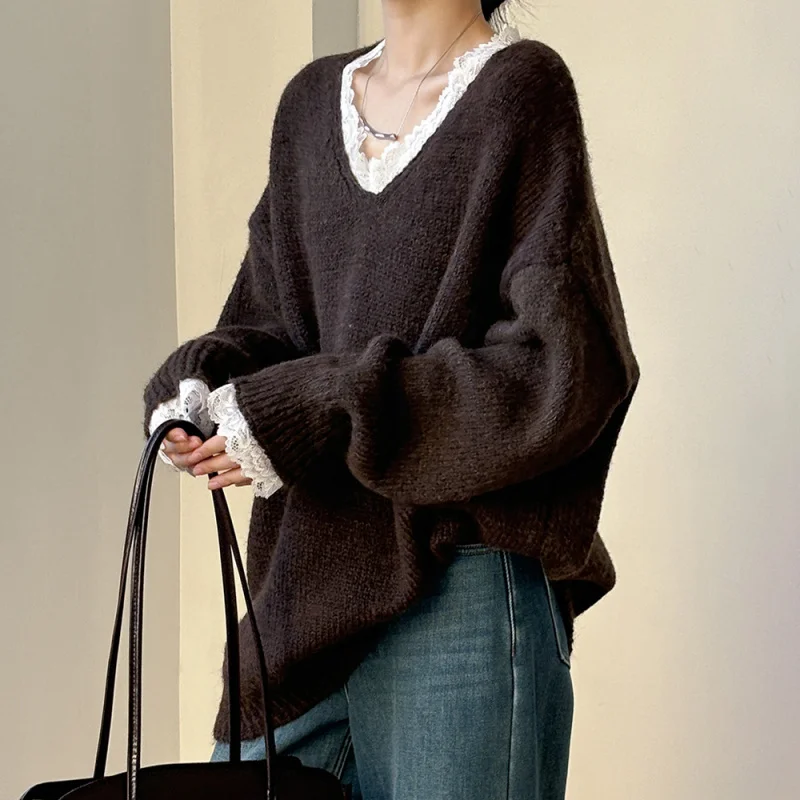 Sweaters Women V Neck Lace Spliced Pullovers Vintage Chic Knitted Jumpers Autumn Winter New Comfortable Loose Sweaters