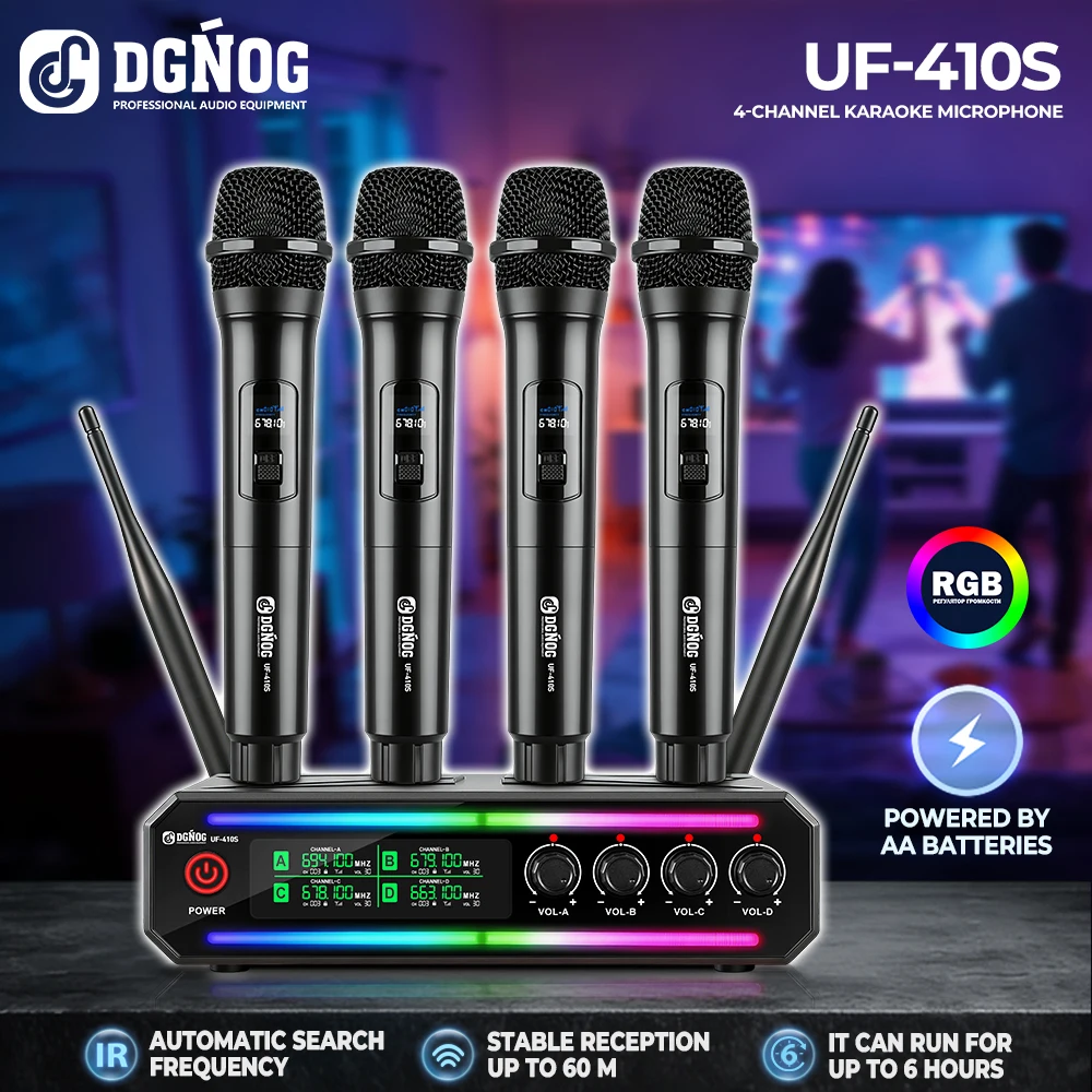 

4-канальная беспроводная UHF-система микрофонов с перезаряжаемыми беспроводными ручными микрофонами для караоке, вечеринок, церковных мероприятий, DGNOG UF-410S