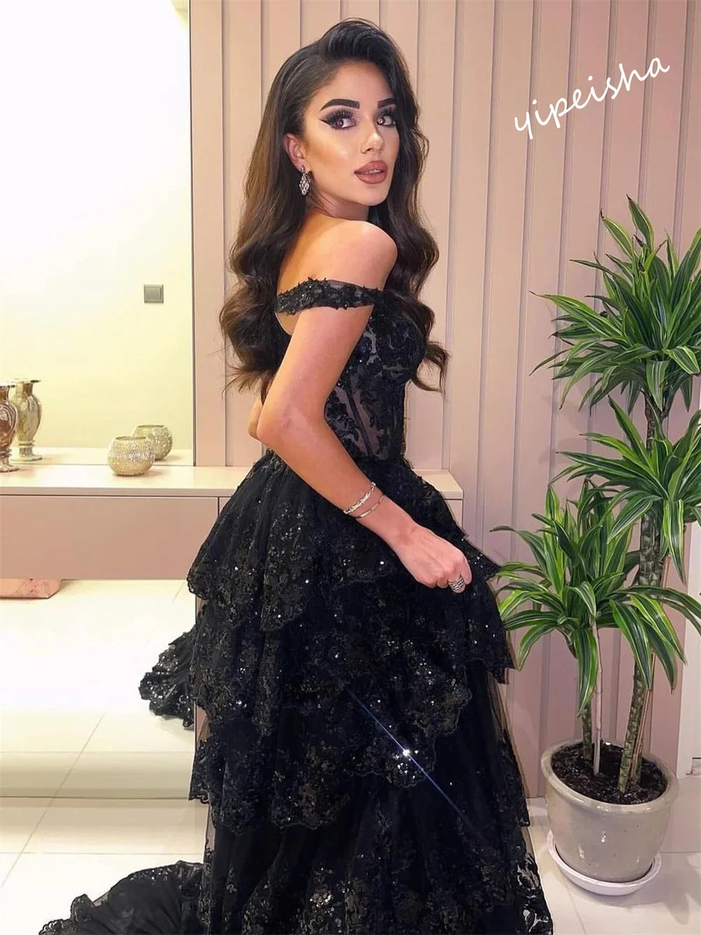 Yipeisha Prom Dress Prachtige Off-The-Shoulder Baljurk Borstel Avondjurken Gelaagde Kanten Jurken Op Maat