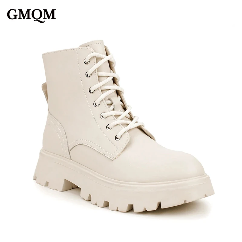 GMQM Genuine Leather Ankle Boots Fashion Women\'s New 2022 Platform Autumn Winter Big Size 42 Lace-up Low Heel British Style Warm