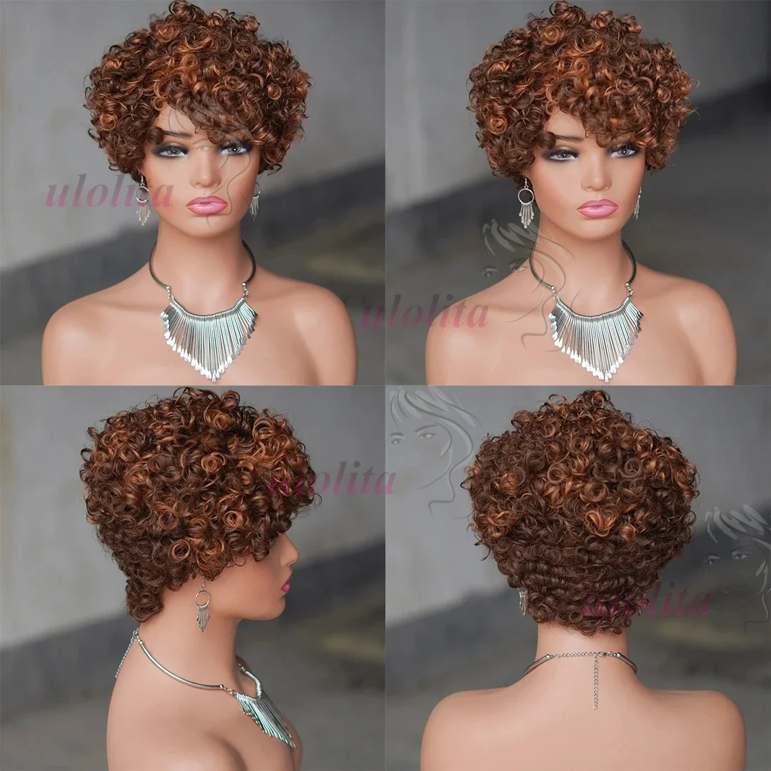 6 Zoll kurze lockige Perücken mit Pony, 4/30 Highlight Piano-Farbe für schwarze Frauen, Echthaar Pixie Cut, federnde lockige Echthaarperücken – Detail 1