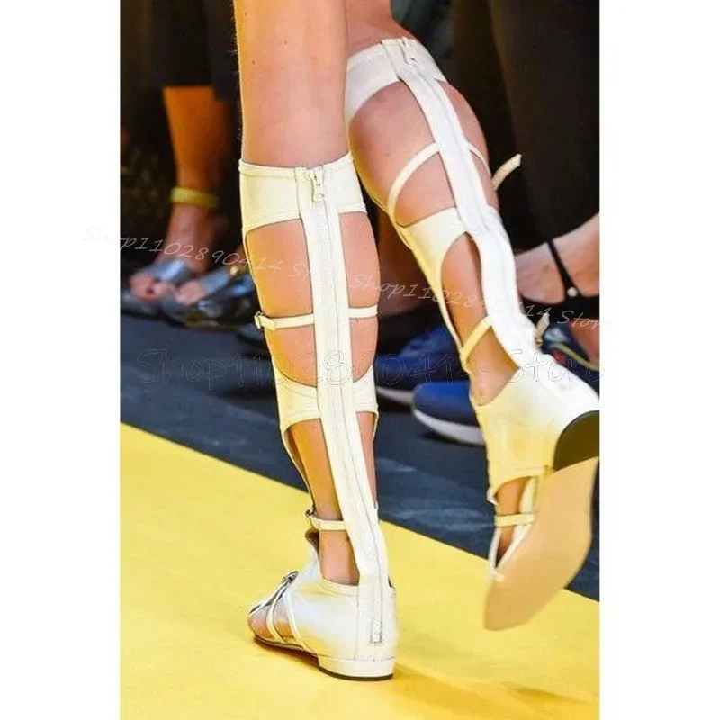 

White Hollow Design Buckle Decor Sandals Boots Back Zipper Women Shoes Chunky Heels Fashion Party Feast 2025 Zapatos Para Mujere