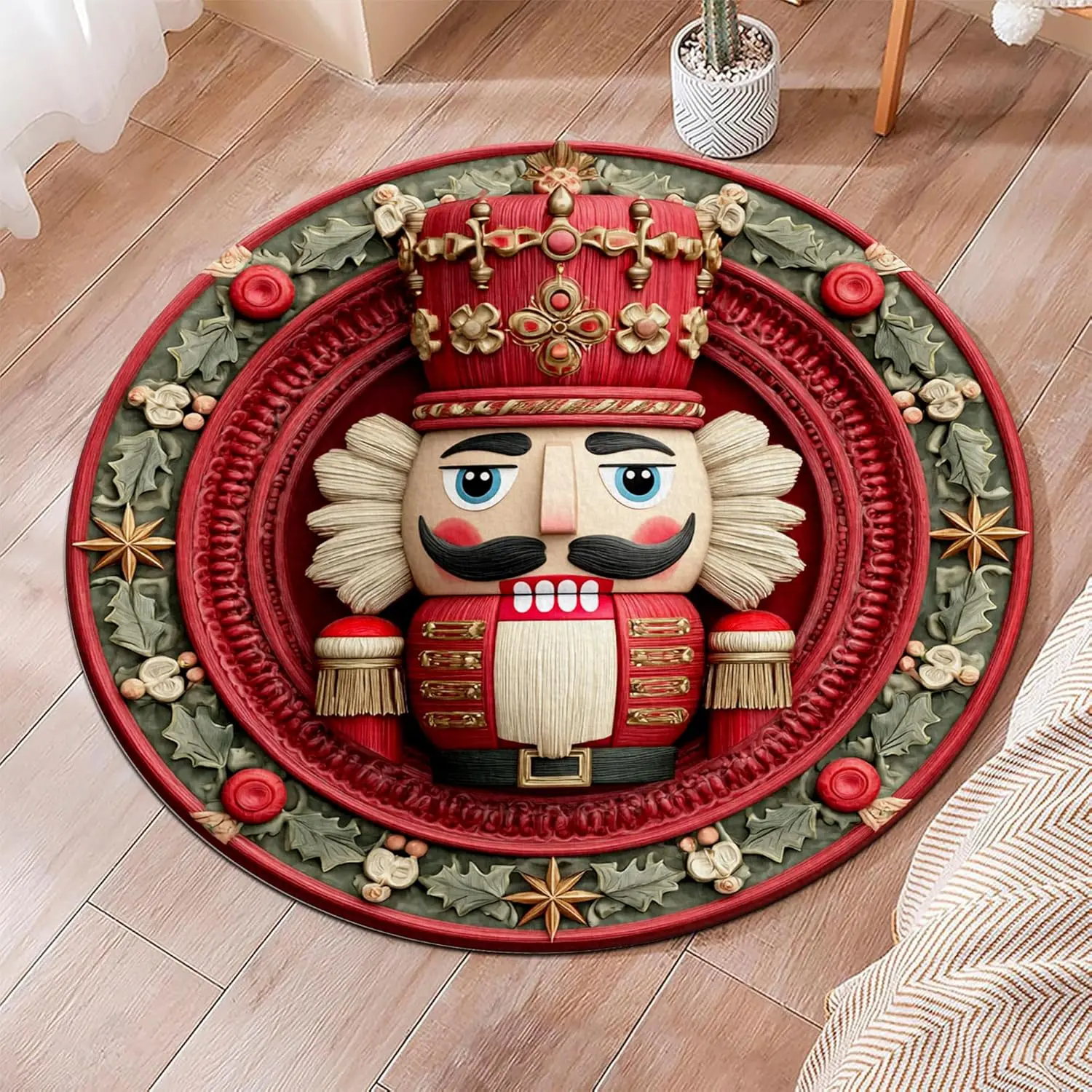 Christmas Nutcracker Round Area Rug Red Soldier King Crown Circle Carpet Washable Non Slip Holiday Living Room Floor Decor