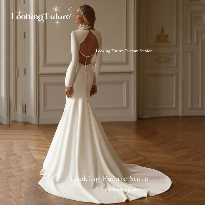 Customized Modern Sexy Mermaid Ivory  Satin Wedding Dress Simple Illusion Open Back Button Pleated Long Sleeve Strapless Bridals