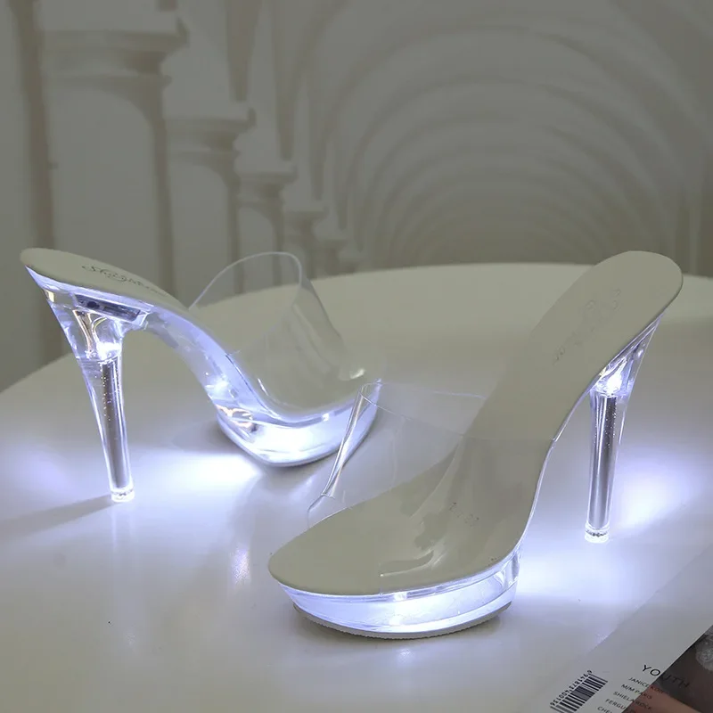 2024 new 13cm sexy nightclub shoes luminous sandals catwalk pole dancing shoes transparent crystal women's shoes