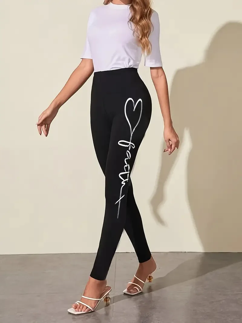 Love letter print Casual elastic elastic waist slim-fit leggings Home out work travel Wearing comfortable leggings for women