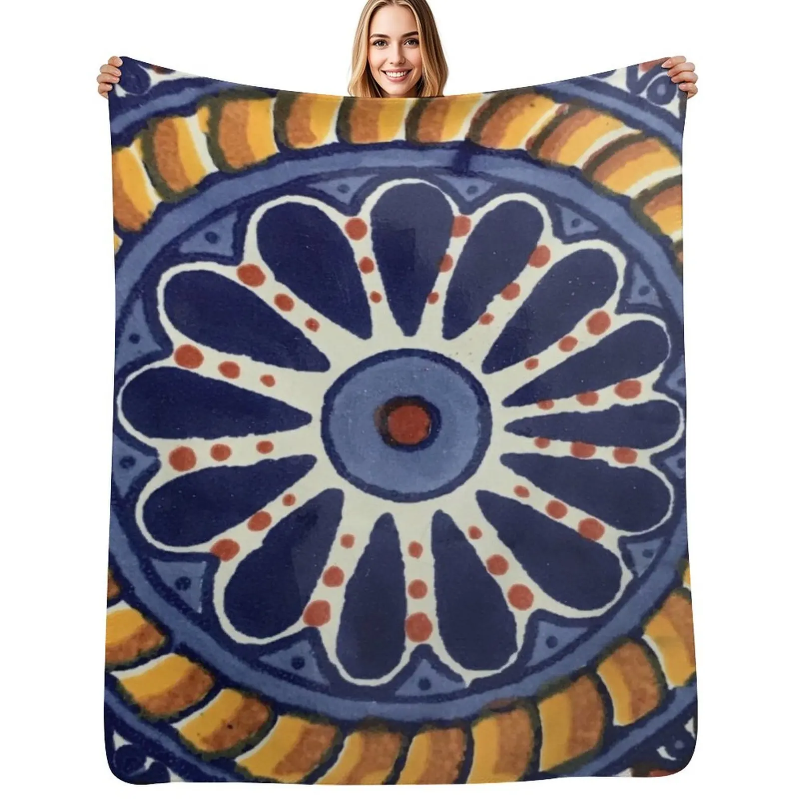 

Blue and Gold Talavera - Rustic Mexican Tile Mandala Throw Blanket All Season Soft Lightweight Blanket for Home
