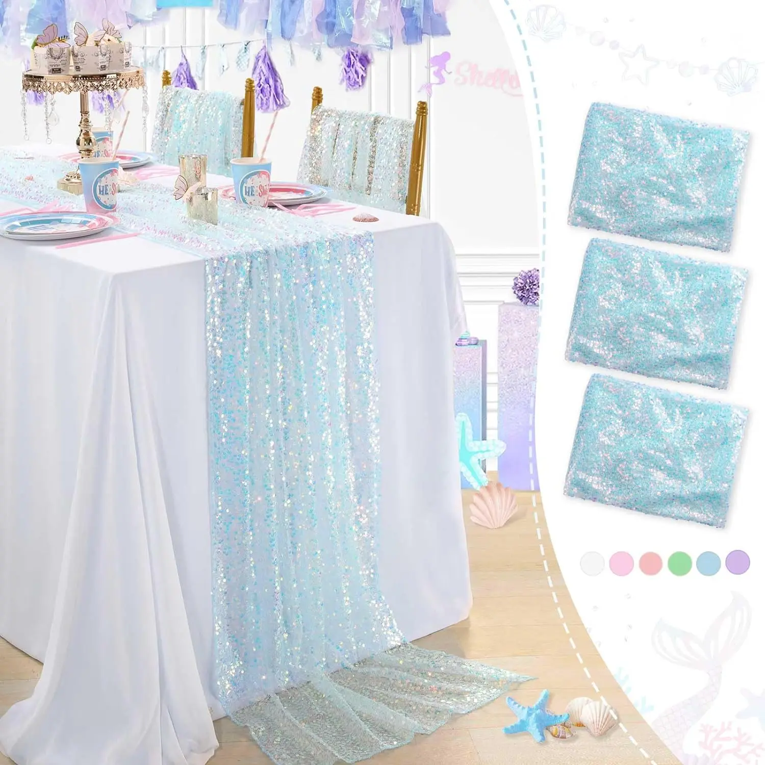 Sequin Table  Light Blue Table Runner 25X120inch 3 Packs Elegant Table Runners for Wedding Birthday Party Ceremony