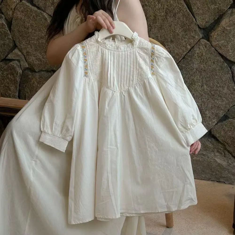 Girls Early Autumn French Vintage Niche Hepburn Style Pleated Stand Collar Puff Sleeve Dress Beige Casual Dress