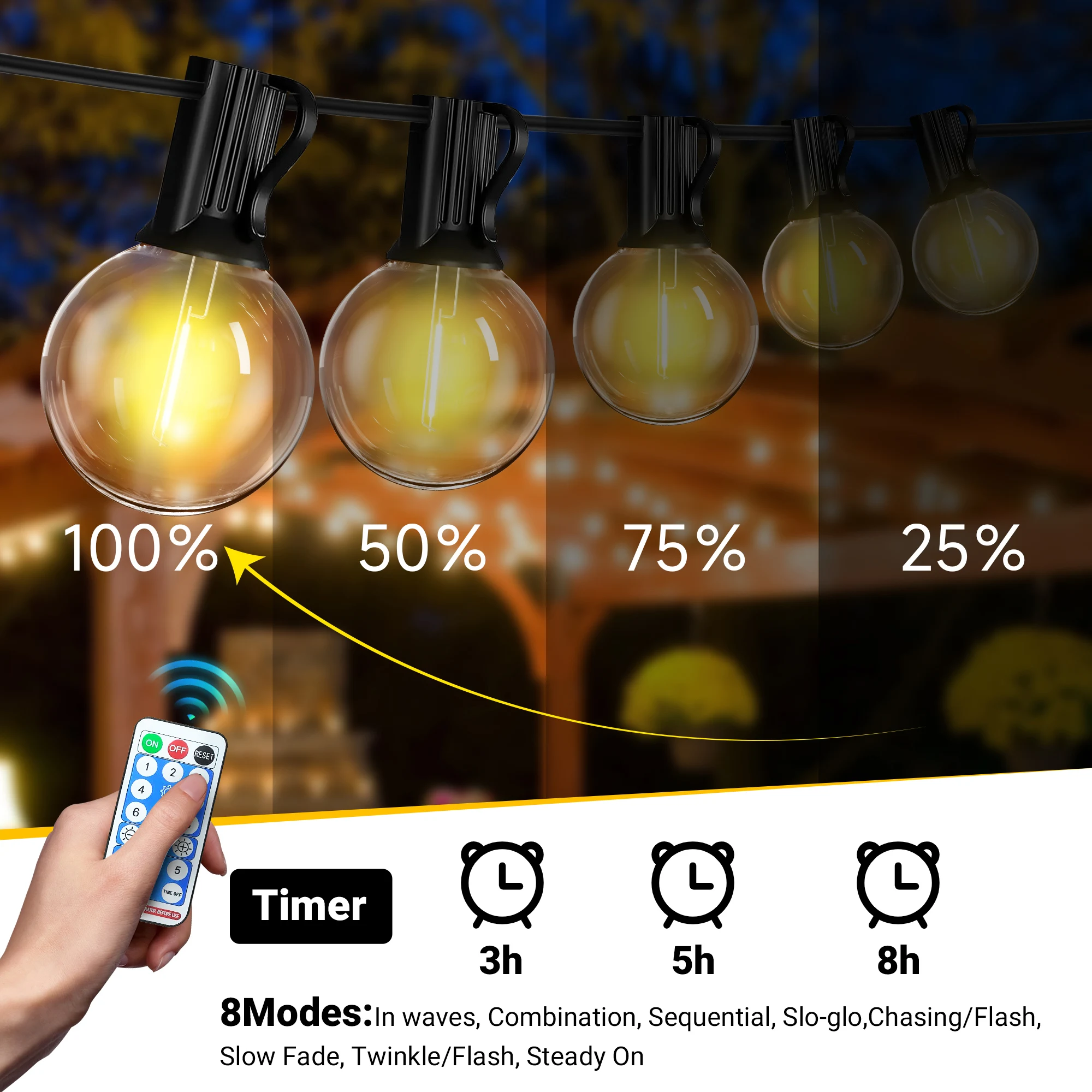 سلسلة أضواء خارجية تعمل بالطاقة الشمسية بطول 100 قدم، مصابيح فناء مقاومة للماء مع جهاز تحكم عن بعد، 50 لمبة LED، 8 أوضاع إضاءة، للفناء الخارجي #6
