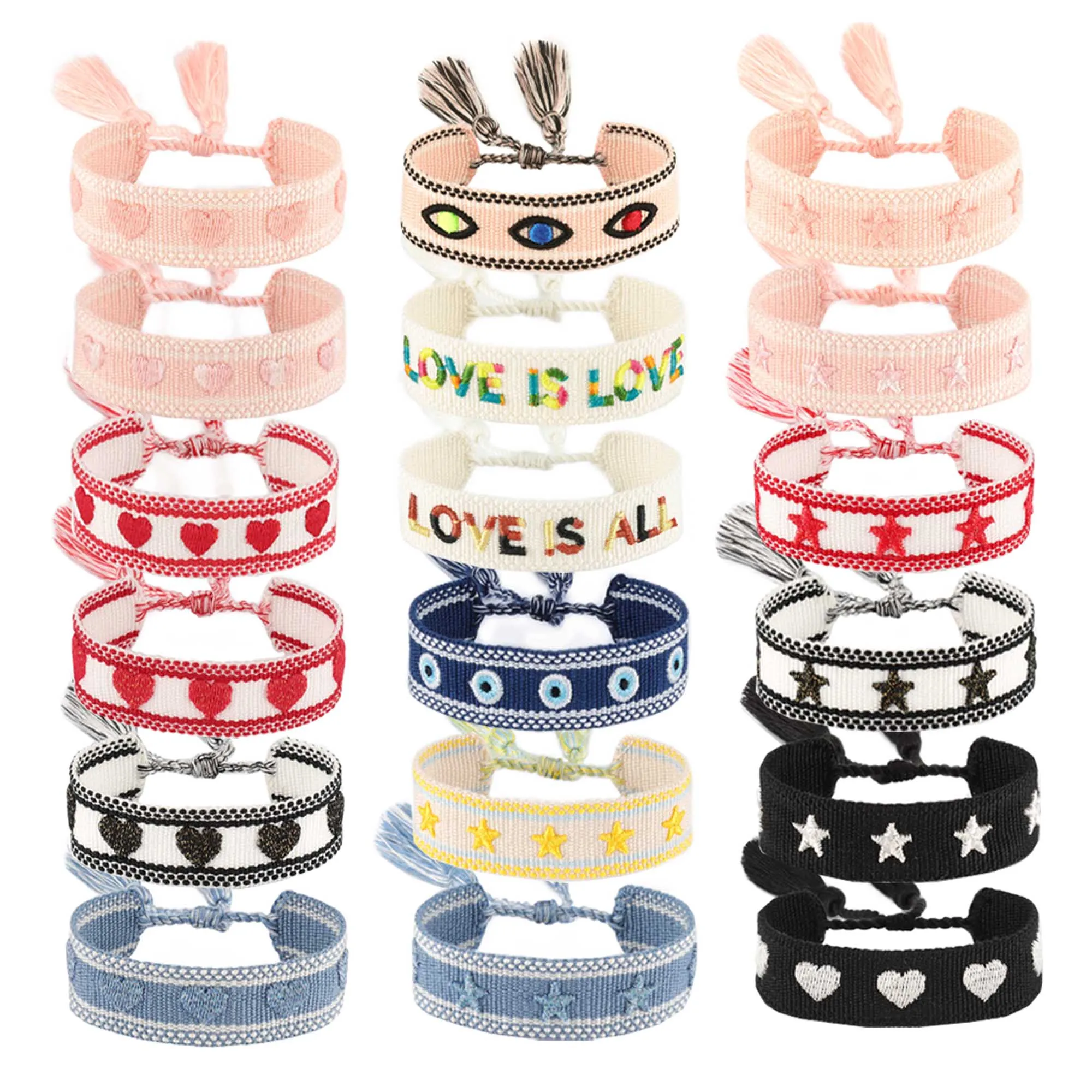 5pcs Heart LOVE Star Evil Eyes Embroidered Bracelet Wholesale Handmade Jewelry Wedding Gift Bracelet Party Tassel Wristband