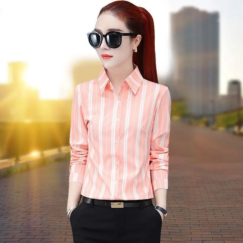 Fashion Printed Button Striped Elegant Shirts Women\'s Clothing 2023 Autumn Winter Loose All-match Tops Office Lady Blouses