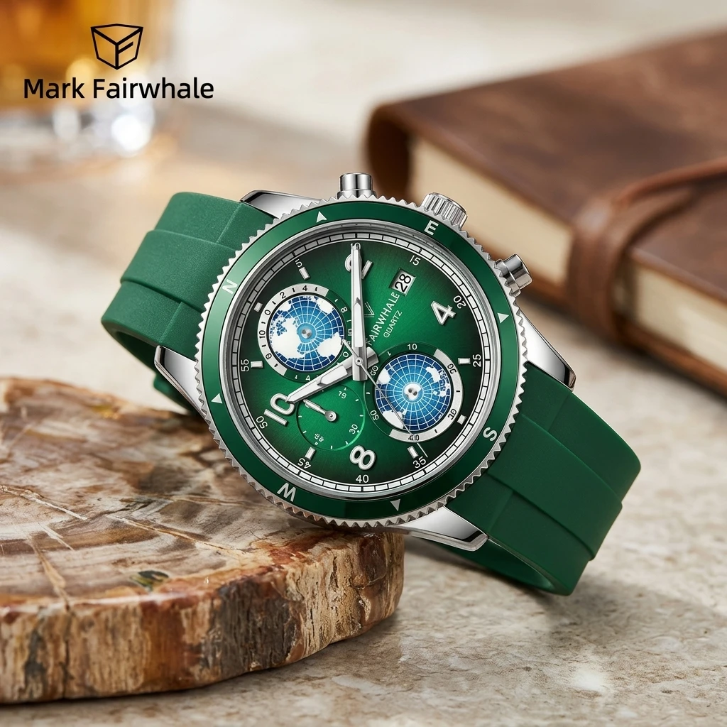 Mark Fairwhale Mens Wristwatch Round Case Multi Sub-dials World Map Dial Date Display Silicone Band Casual Outdoor Watch
