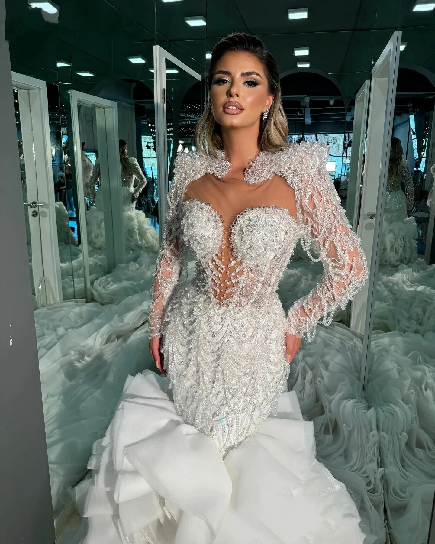 Customized Sheer Neck Sparkly Beads Pearls  Mermaid Wedding Dress Vestidos Noivas Long Sleeves Cascading Ruffles Bridal Gown