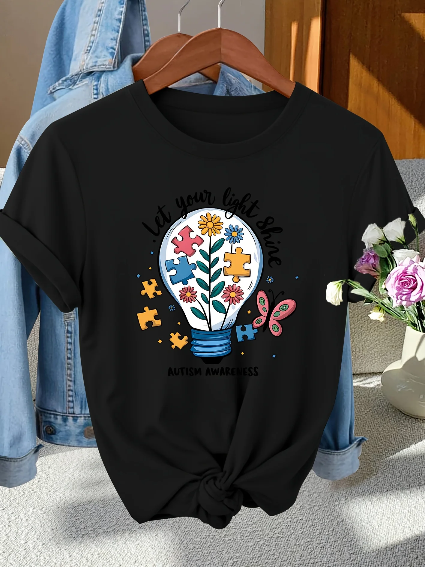 Let Your Light Shine Autism Awareness T-Shirt Women Puzzle Piece Graphic Tee Summer Casual Short Sleeve Teacher Top