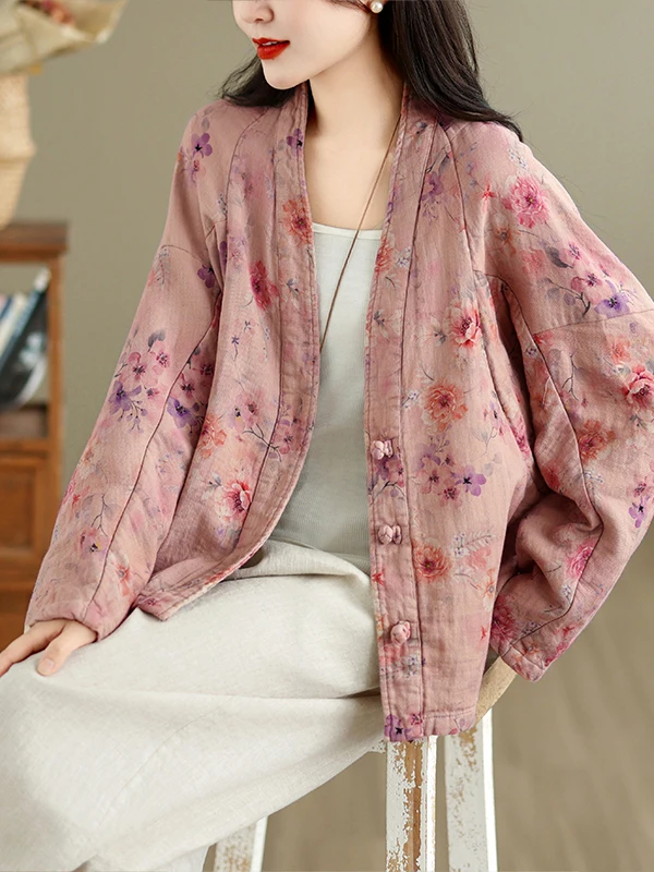 Retro V-neck Button-up Double-layered Slant-striped Cotton Open-cardigan Coat for Plus-size Women Autumn 2026 Floral Print