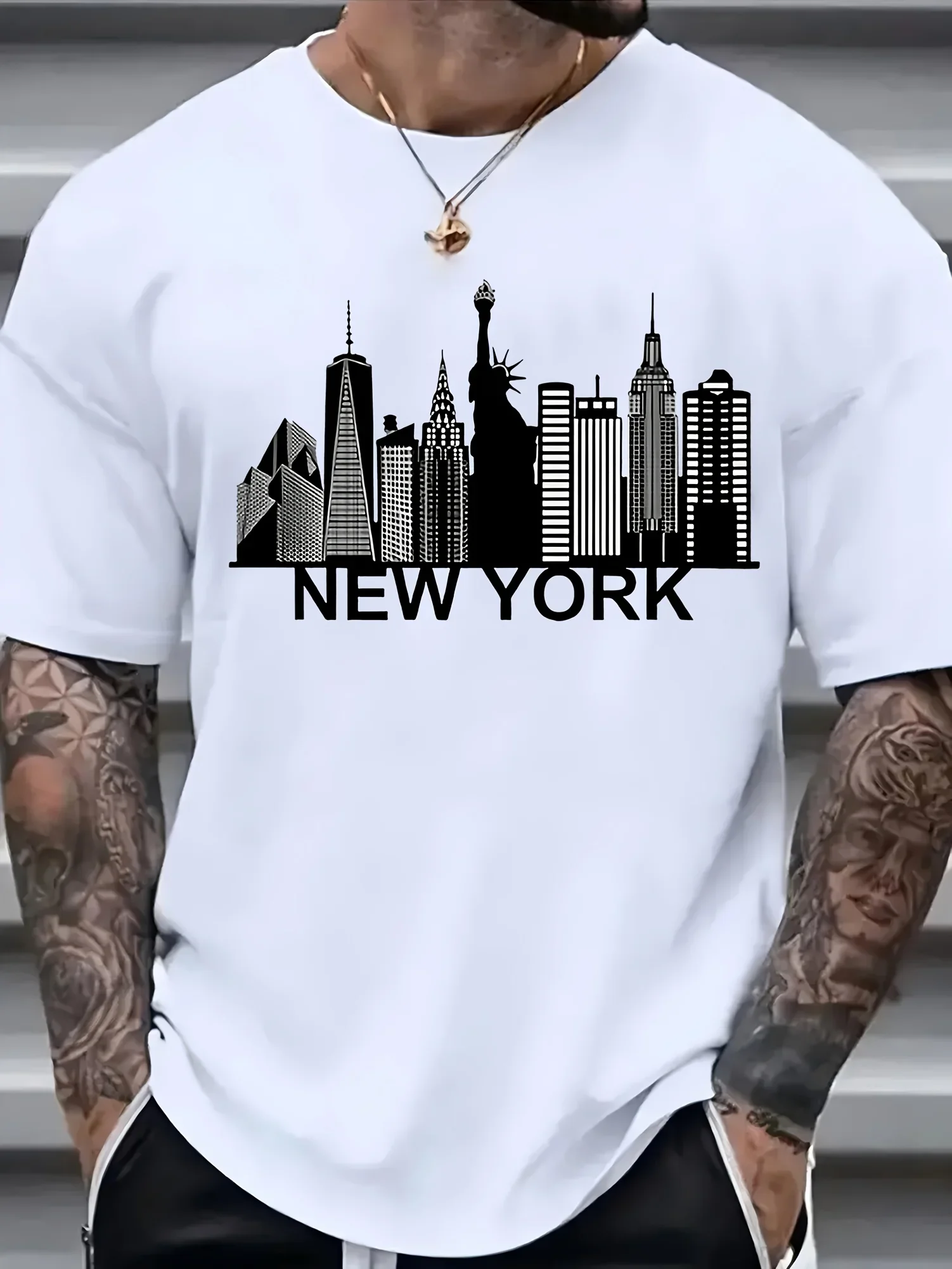 

Summer printed pure cotton T-shirt cityscape printed men's cotton t shirt casual crew