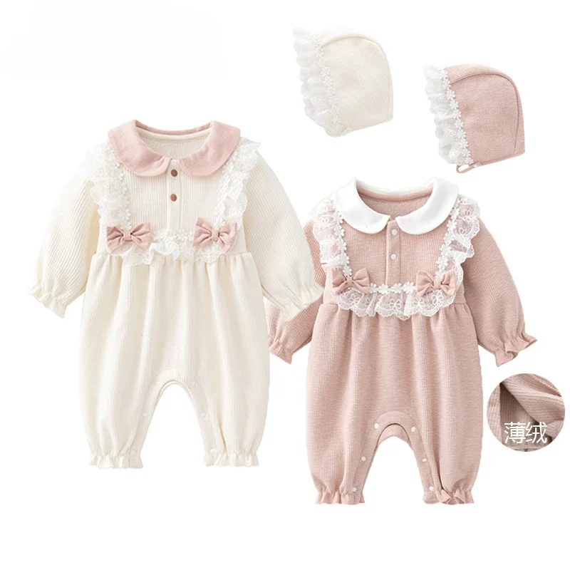 New Baby Girl Clothes Velvet Jumpsuit Bow in Autumn and Winter Cute Princess Climbing Clothes