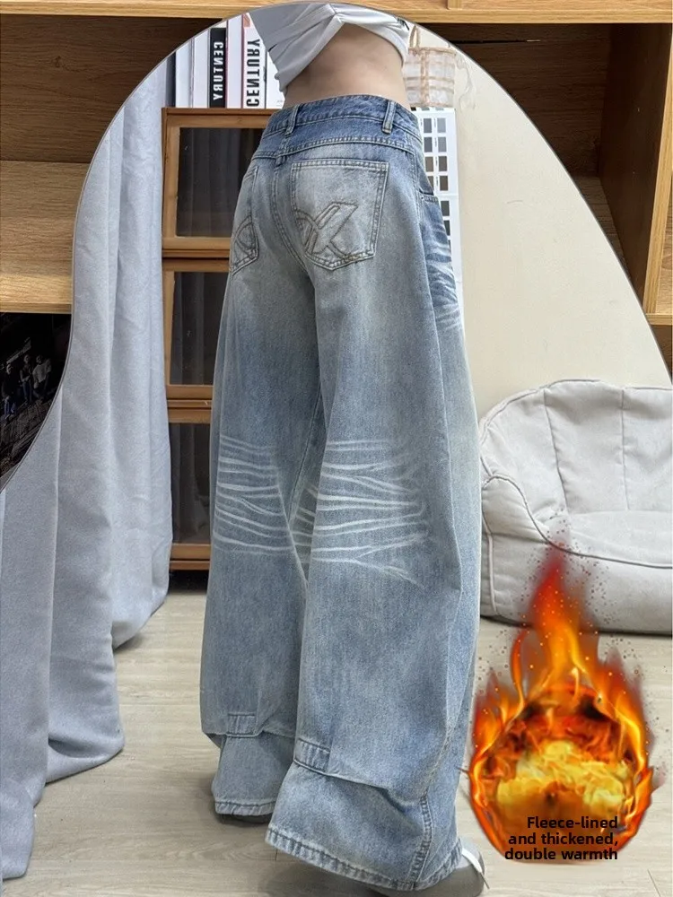 

plus Size Vintage American Fce Lined Thiened Wide Leg Low Waist Slimming Jeans Women Spring Curvy Low Rise Straight Leg ...