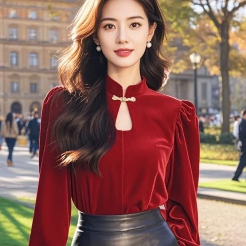 

Spring Fall Women Chinese Style Black Lantern Sleeve Velvet Top Shirt , Woman Slim Velour Tops Shirts TT400