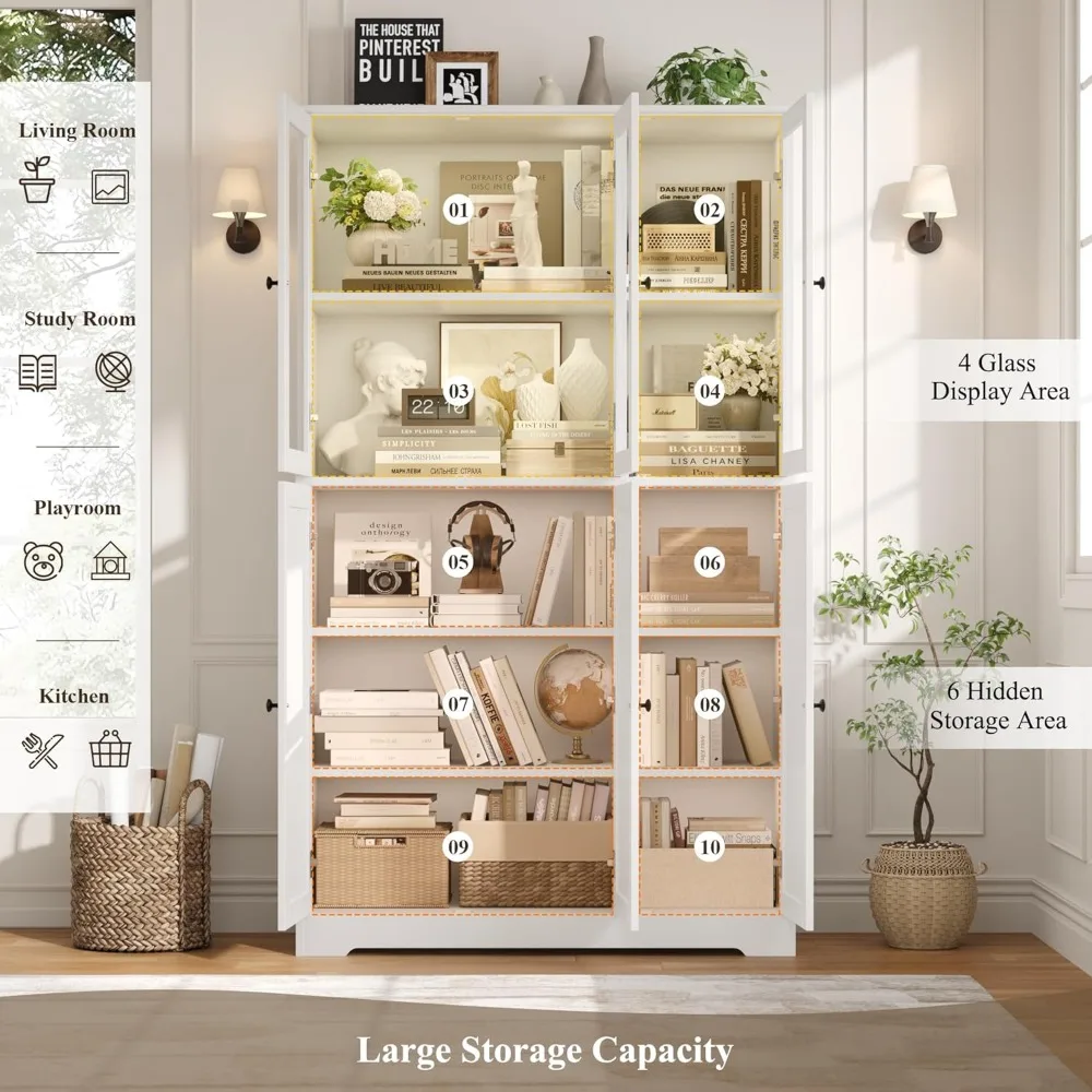 رف كتب كبير بطول 69 بوصة مع خزانة تخزين بباب زجاجي، وخزانة كتب واسعة مقاس 42 بوصة للكتب #5