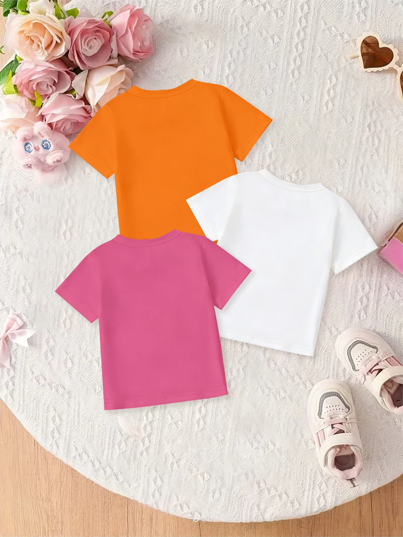 3 pieces: Girls Summer Sweet Cute T-Shirt Cartoon Donut Rainbow Cherry English Pattern