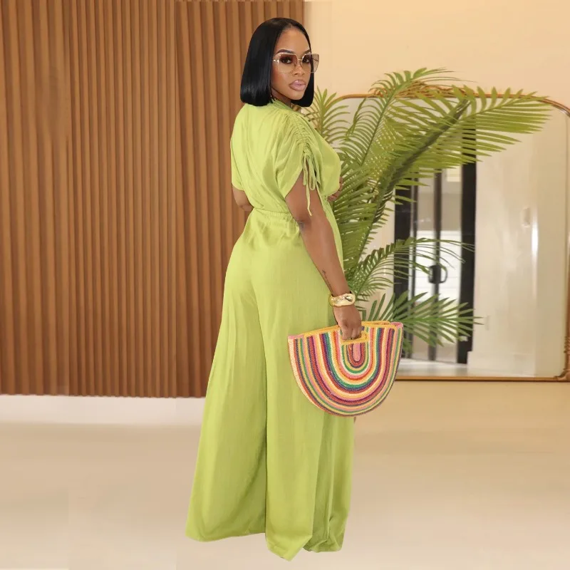 KEXU Cutout Front Ruched Shoulder Short Sleeve Wide Leg Jumpsuits 2025 Women Summer Vacation Outfits One Piece Suit Romper