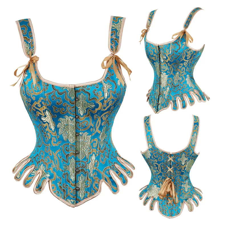 Blue and Gold Vintage Shapewear Corset with Strap Adjustable Wind Fan Shapewear Waist Steel Boned Corsets Fashion