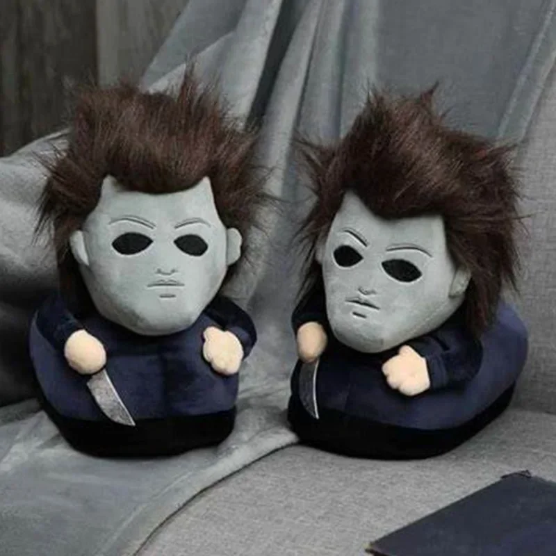 Rytanda Halloween Plush Slippers Michael Myers Winter Funny Soft Warm Non-Slip Shoes Women Men Indoor House Flat With Slipper