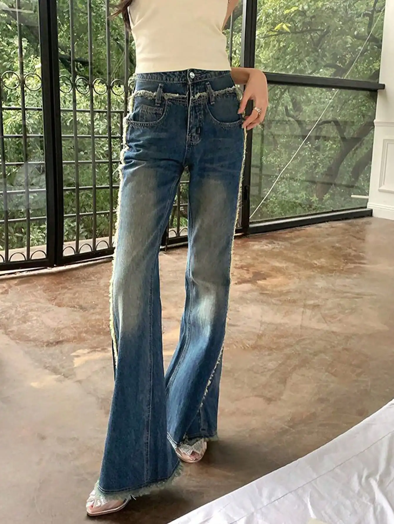 Hot Girl Style Asymmetrical Design Raw Edge Jeans 2024 New Style This Year's Popular Autum Wide Leg Pants