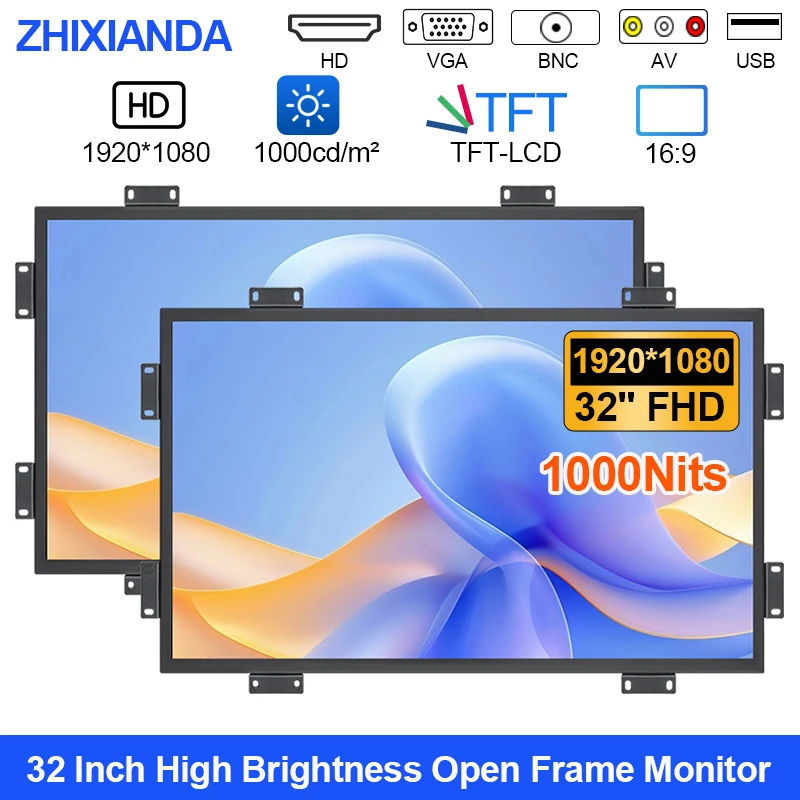 

32 Inch High Brightness 1000 Nits Sunlight Readable 1920*1080 Open Frame Industrial Monitor Capacitive Touch Screen LCD Display