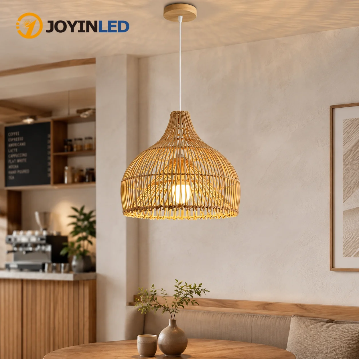 JOYINLED Rattan Lamp Shade 40CM, Modern Woven Wicker Pendant Lampshade, Creative Boho Chandelier Shade for Dining Room Kitchen