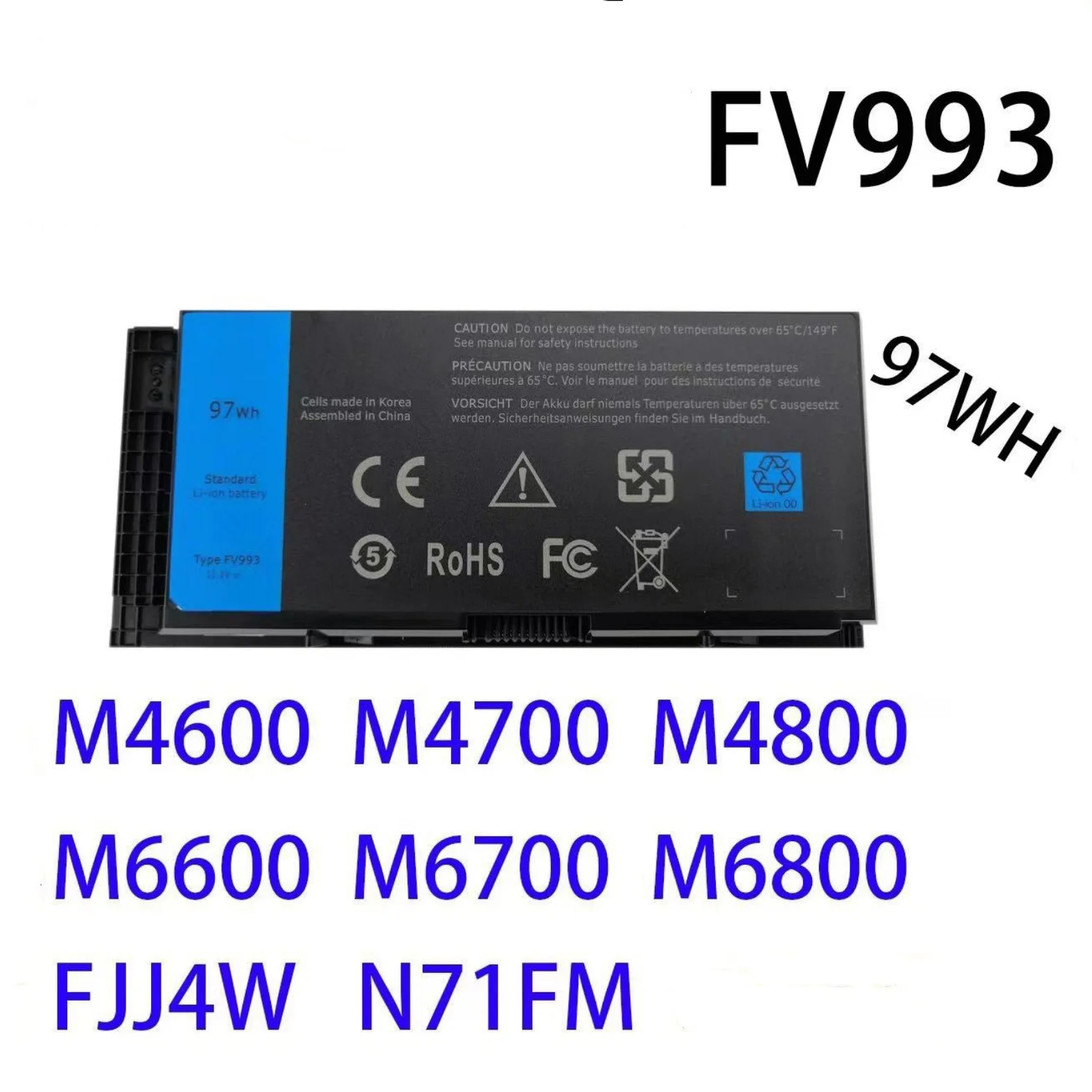 FV993 بطارية كمبيوتر محمول ، 9 خلايا ، ديل الدقة M4600 M4700 M4800 M6600 M6700 M6800 ، 97WH FV993 FJ4W