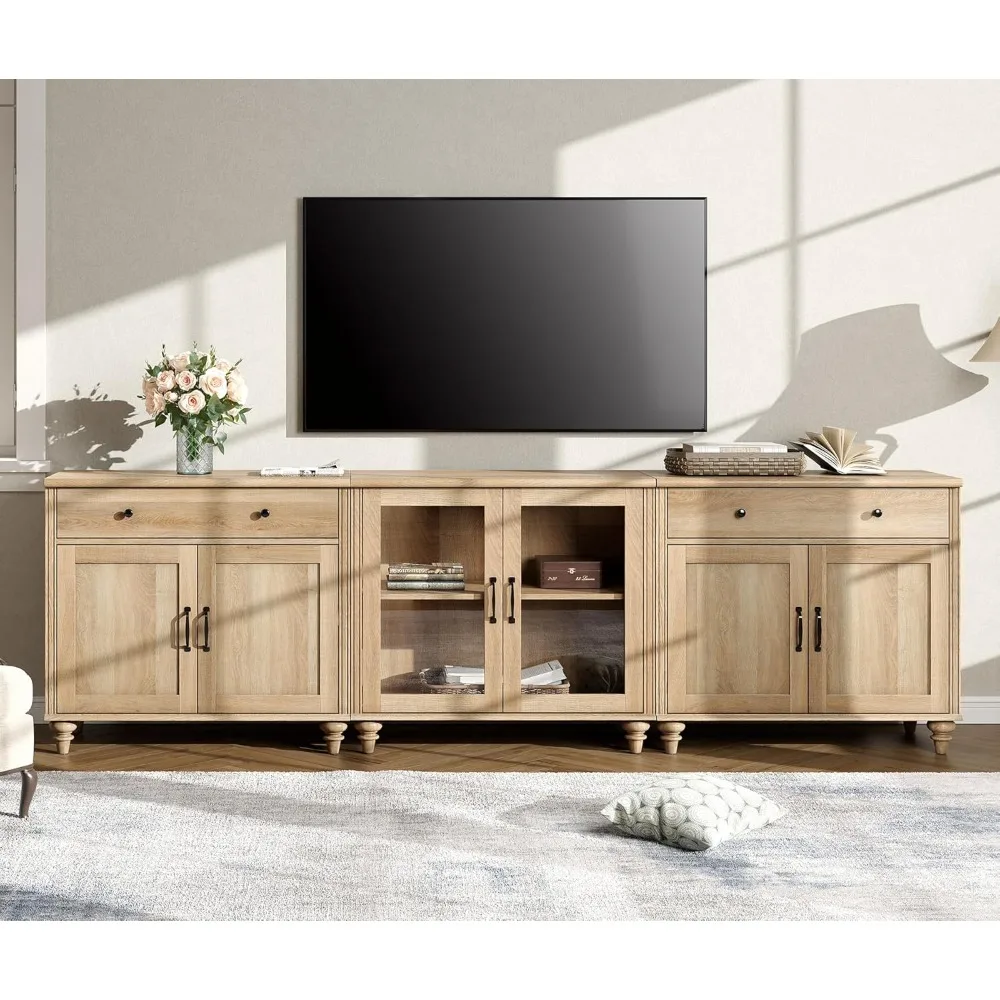 Suporte de TV Farmhouse para TV de 100 polegadas, mesa de console de TV 3 em 1 para TV de 75/80/85/90 polegadas, centro de entretenimento