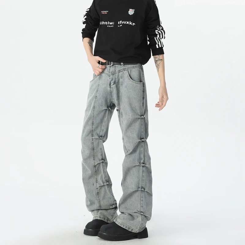 

Men Denim Pants Retro Style Wide Leg Trousers Vintage Washed Faded Bell Bottom Men's High Street Jeans Loose Fit Casual