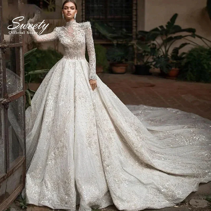 

Luxurious Wedding Dress Organza With Embroidery Beading Ballgown Highneck Fullsleeve Church Button Vestido De Novia Customized