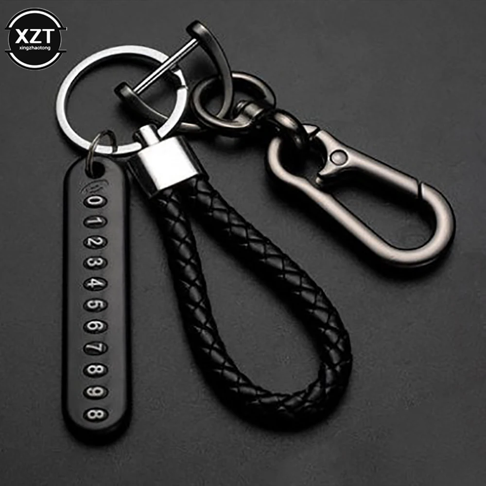 Anti-lost Car Keychain Phone Number Card Keyring Leather Bradied Rope Auto Vehicle Key Chain Holder Accessories Gift for Husband