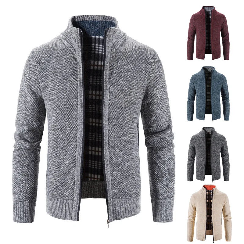 Knitted Zipper Cardigan Men's Autumn Winter Long Sleeve Warm Jackets Jacquard Casual Stand Collar Fleece Sweaters Pullovers