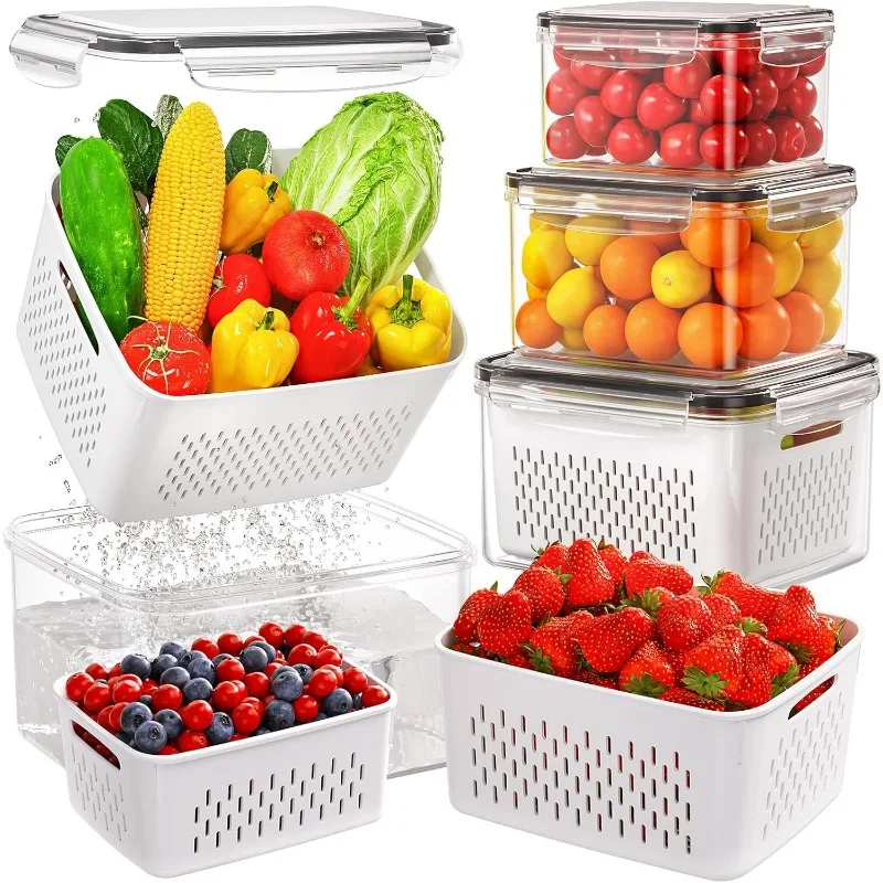 Obst-Aufbewahrungsbehälter, Kühlschrank-Produktbehälter mit abnehmbarer Obstwaschschale mit Sieb für Salat, Beeren, Salat