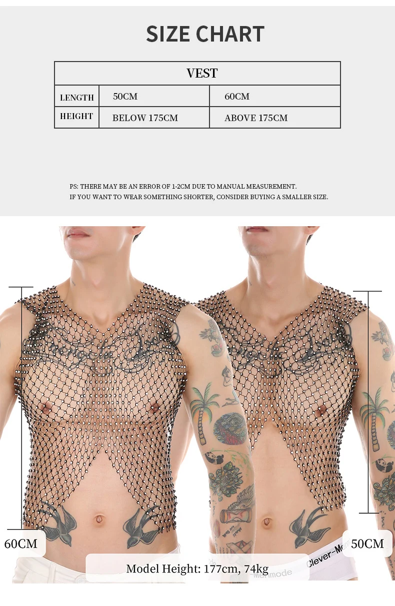 CLEVER-MENMODE Men's Sexy Fishnet Vest Mesh Tank Top Clothes Rhinestone Shine Crops Tops Midriff-Baring Transparent Clubwear